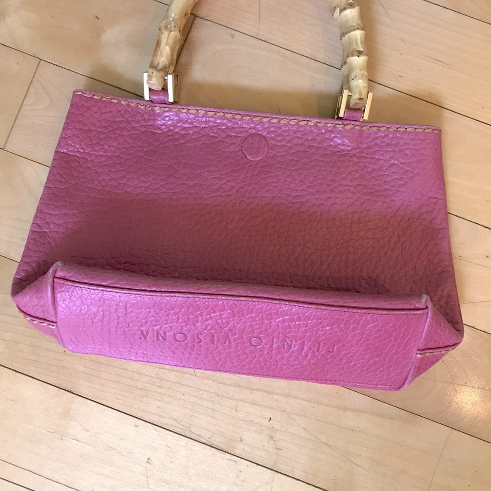 Plinio Visona pink leather bag with bamboo handles, leopard lining